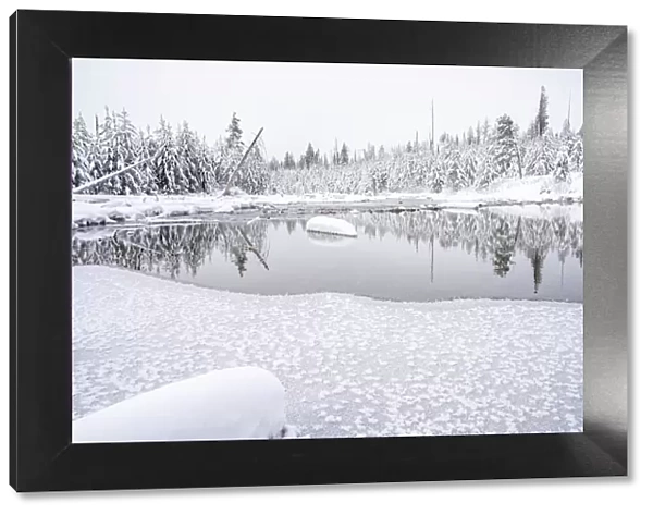 Snowscape reflected in pond, Grand Teton National Park, Wyoming, United States of America