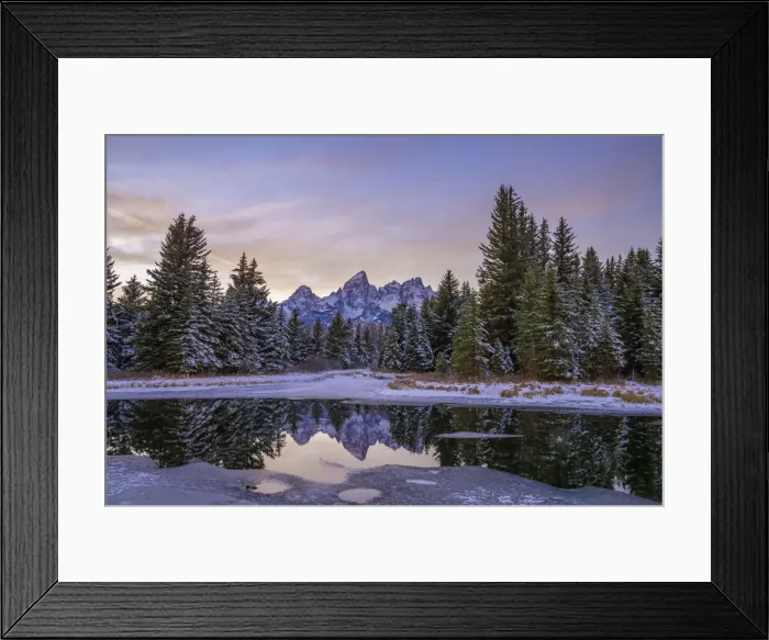 Framed Print : Evening light and reflection of Teton Range in snowy pond, Grand Teton National Park