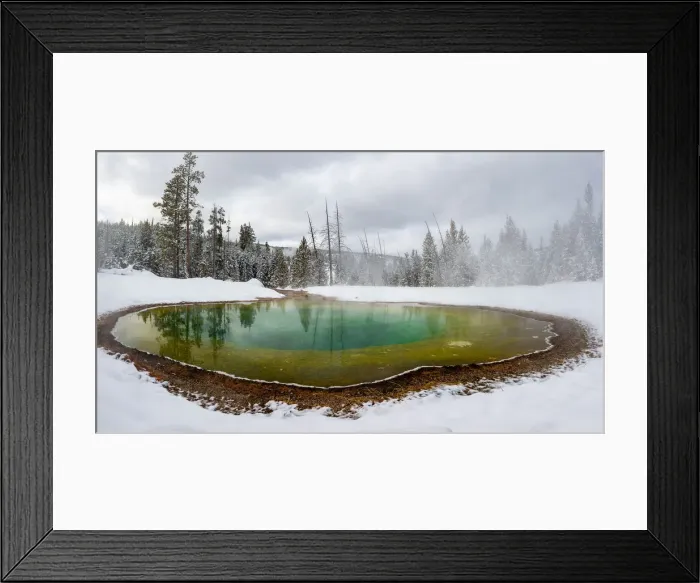 Framed Print : Morning Glory pool hot spring in the snow with reflections, Yellowstone National Park Framed Print : Morning Glory pool hot spring in the snow with reflections, Yellowstone National Park