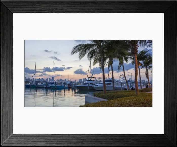 Framed Print : Panoramic view across marina from South Pointe Park, dusk, Downtown Miami in background Framed Print : Panoramic view across marina from South Pointe Park, dusk, Downtown Miami in background