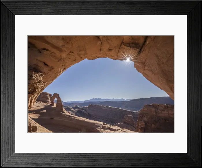 Framed Print : View of Delicate Arch through Frame Arch with sunburst, Arches National Park, Utah Framed Print : View of Delicate Arch through Frame Arch with sunburst, Arches National Park, Utah