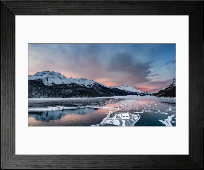 Framed Print : Aerial view of snowcapped mountains and frozen Lake Silvaplana at sunrise, Maloja Framed Print : Aerial view of snowcapped mountains and frozen Lake Silvaplana at sunrise, Maloja