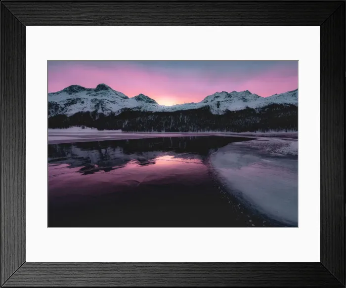 Framed Print : Colorful sky at sunrise on snowcapped mountains and frozen Lake Silvaplana, Maloja Framed Print : Colorful sky at sunrise on snowcapped mountains and frozen Lake Silvaplana, Maloja
