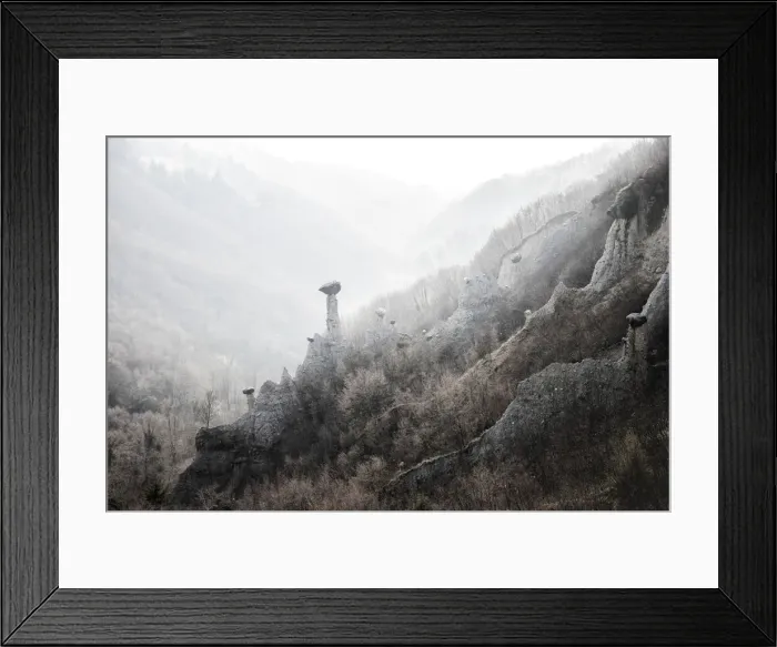 Framed Print : Earth pyramids of Zone in the fog, Zone, Brescia province, Lombardy, Italy, Europe Framed Print : Earth pyramids of Zone in the fog, Zone, Brescia province, Lombardy, Italy, Europe