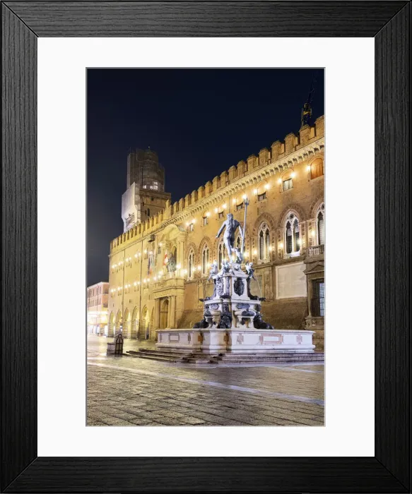 Framed Print : Night view of the fountain of Neptune and d Accursio municipal palace in Framed Print : Night view of the fountain of Neptune and d Accursio municipal palace in