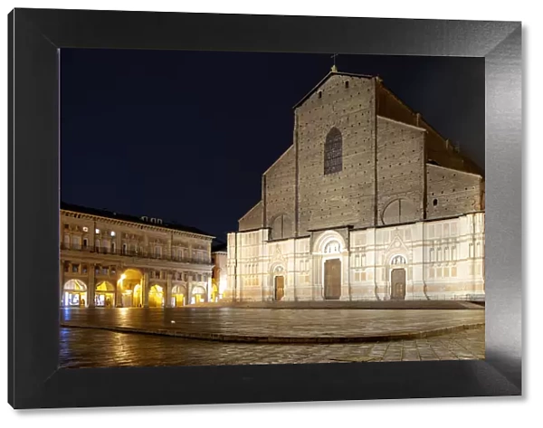 Basilica of San Petronio by night in Piazza Maggiore in the historical centre of Bologna