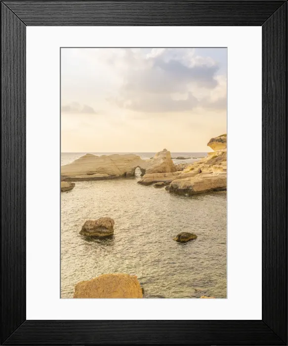 Framed Print : Coastal seascape at sunset in Paphos, Cyprus, Europe Framed Print : Coastal seascape at sunset in Paphos, Cyprus, Europe