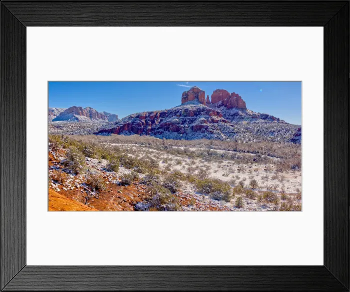 Framed Print : Panorama of Cathedral Rock covered in winter snow and ice, Sedona, Arizona Framed Print : Panorama of Cathedral Rock covered in winter snow and ice, Sedona, Arizona
