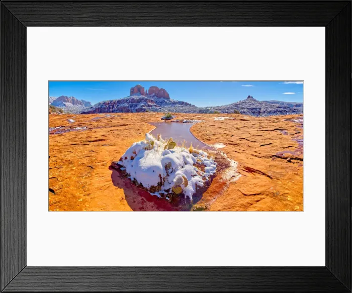 Framed Print : Snow covered Cathedral Rock in Sedona viewed from a sandstone plateau along Secret Slick Framed Print : Snow covered Cathedral Rock in Sedona viewed from a sandstone plateau along Secret Slick