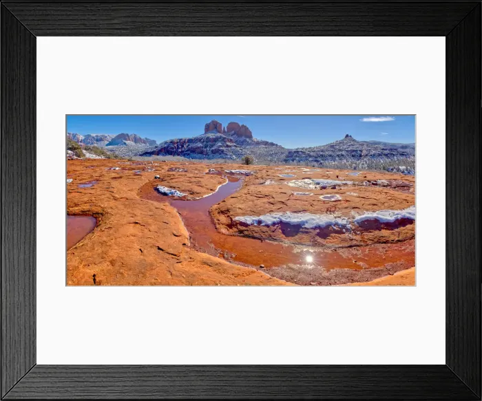 Framed Print : Snow covered Cathedral Rock in Sedona viewed from a sandstone plateau along Secret Slick Framed Print : Snow covered Cathedral Rock in Sedona viewed from a sandstone plateau along Secret Slick