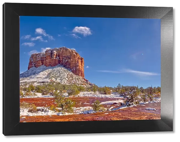 Panorama of Courthouse Butte and Bell Rock with a coating of winter snow on their slopes