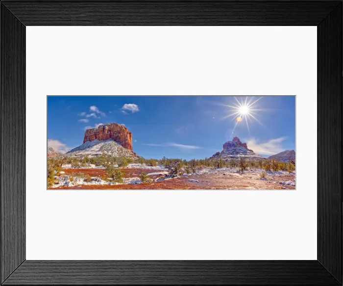 Framed Print : Panorama of Courthouse Butte and Bell Rock with a coating of winter snow on their slopes Framed Print : Panorama of Courthouse Butte and Bell Rock with a coating of winter snow on their slopes