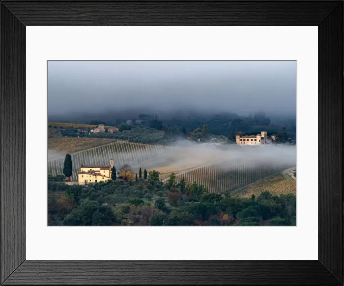 Framed Print : Castello di Gabbiano across a misty valley, church in foreground, San Casciano, Tuscany Framed Print : Castello di Gabbiano across a misty valley, church in foreground, San Casciano, Tuscany