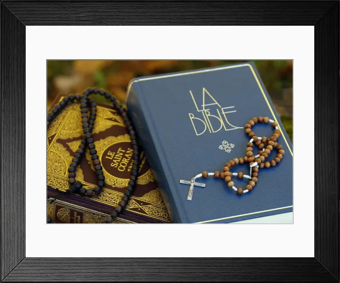 Framed Print : Holy Quran in French with Muslim prayer beads and Bible with rosary Framed Print : Holy Quran in French with Muslim prayer beads and Bible with rosary
