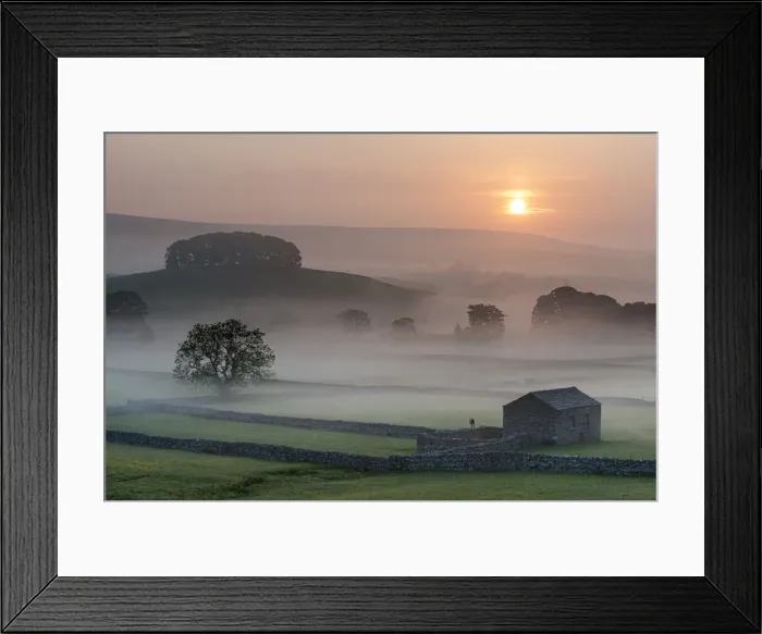 Framed Print : Fields and barn at sunrise, looking northeast from Hawes, Yorkshire Dales National Park Framed Print : Fields and barn at sunrise, looking northeast from Hawes, Yorkshire Dales National Park