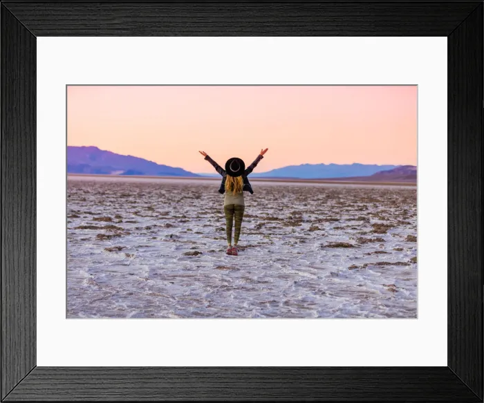Framed Print : Model posing for the camera at sunset over the salt flats of the Mesquite Dunes Framed Print : Model posing for the camera at sunset over the salt flats of the Mesquite Dunes