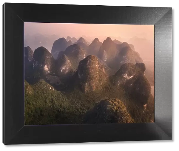 Aerial view of the Yangshuo mountains in the Li River area, Guangxi, China, Asia