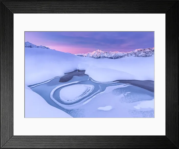 Framed Print : Crazy shape in a frozen alpine lake at sunrise with view of Mount Disgrazia, Valmalenco