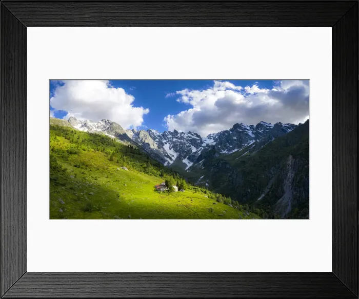 Framed Print : Ancient group of huts illuminated by sun, Val d Arigna, Valtellina, Orobie Alps Framed Print : Ancient group of huts illuminated by sun, Val d Arigna, Valtellina, Orobie Alps