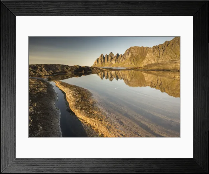 Framed Print : Reflection in rock pool of Devils Teeth Mountains, from Tungenet, evening sunlight Framed Print : Reflection in rock pool of Devils Teeth Mountains, from Tungenet, evening sunlight
