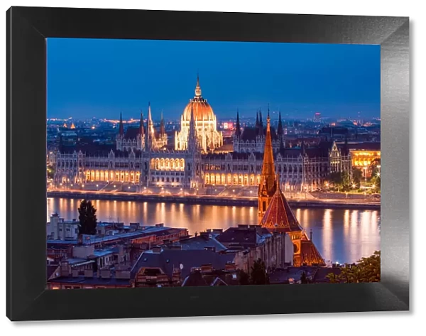 The Hungarian Parliament Building and River Danube at night, UNESCO World Heritage Site