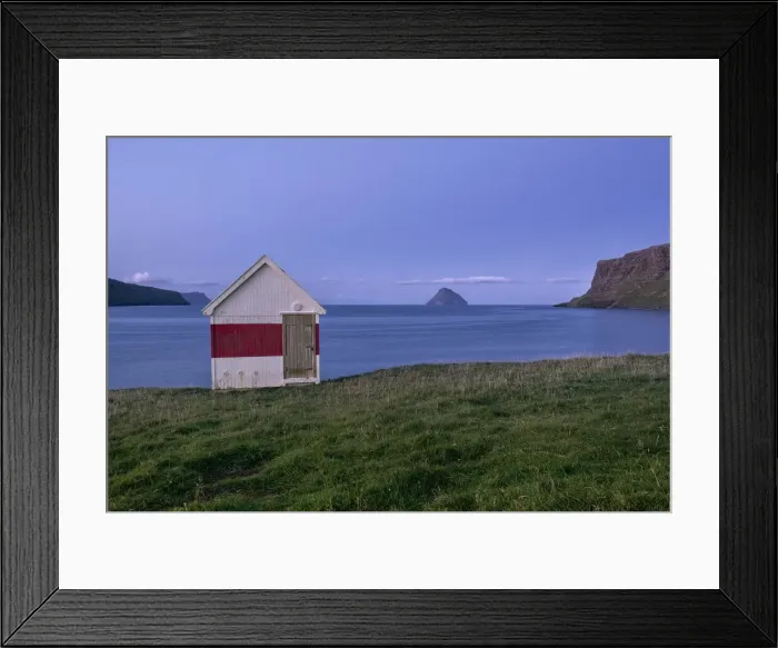 Framed Print : Blue hour at a small wooden house by the sea on Suduroy, Faroe Islands, Denmark, Europe
