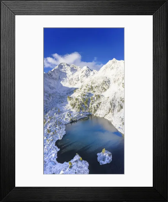 Framed Print : Aerial view of Lago Nero after a summer snowfall, Val Belviso, Valtellina, Orobie Alps Framed Print : Aerial view of Lago Nero after a summer snowfall, Val Belviso, Valtellina, Orobie Alps