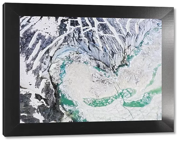Aerial zenithal view of abstract details of Fellaria glacier, Valmalenco, Valtellina