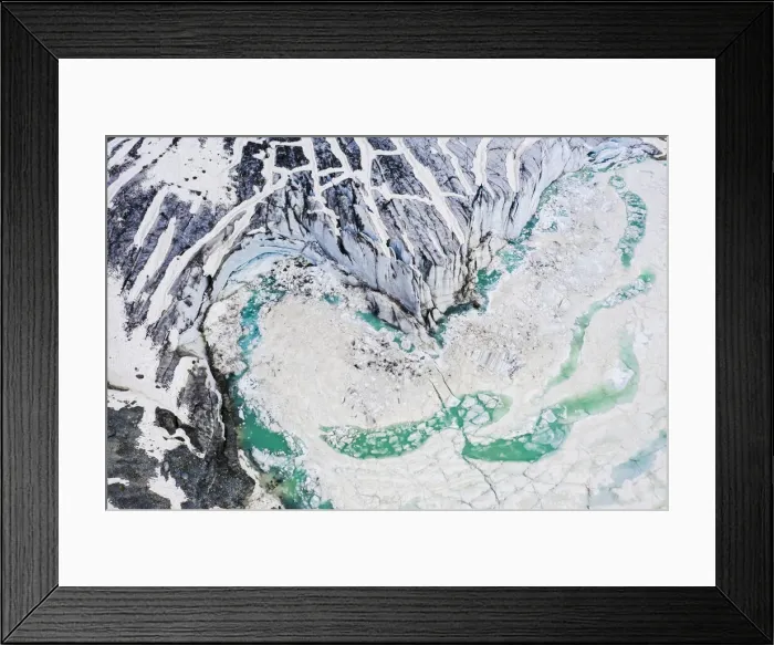 Framed Print : Aerial zenithal view of abstract details of Fellaria glacier, Valmalenco, Valtellina Framed Print : Aerial zenithal view of abstract details of Fellaria glacier, Valmalenco, Valtellina