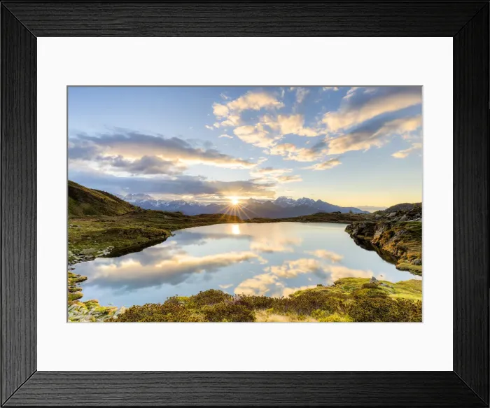 Framed Print : The sun and clouds reflected in the Arcoglio Lake at sunrise, Valmalenco, Valtellina