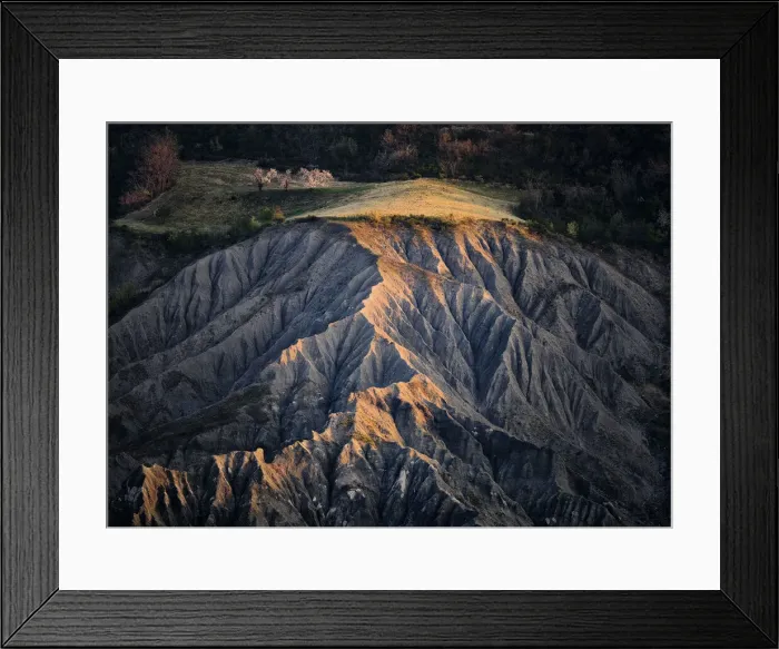 Framed Print : Badlands at sunrise with cherry tree in blossom, Emilia Romagna, Italy, Europe