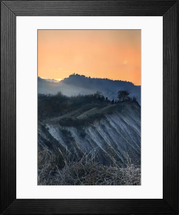 Framed Print : Orange sunset on badlands, Emilia Romagna, Italy, Europe Framed Print : Orange sunset on badlands, Emilia Romagna, Italy, Europe