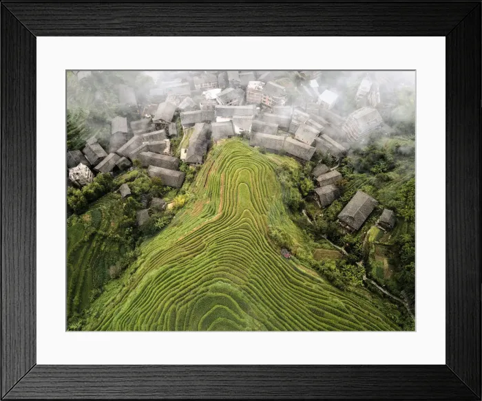 Framed Print : Aerial view on Longsheng rice terraces, also knows as dragon Framed Print : Aerial view on Longsheng rice terraces, also knows as dragon