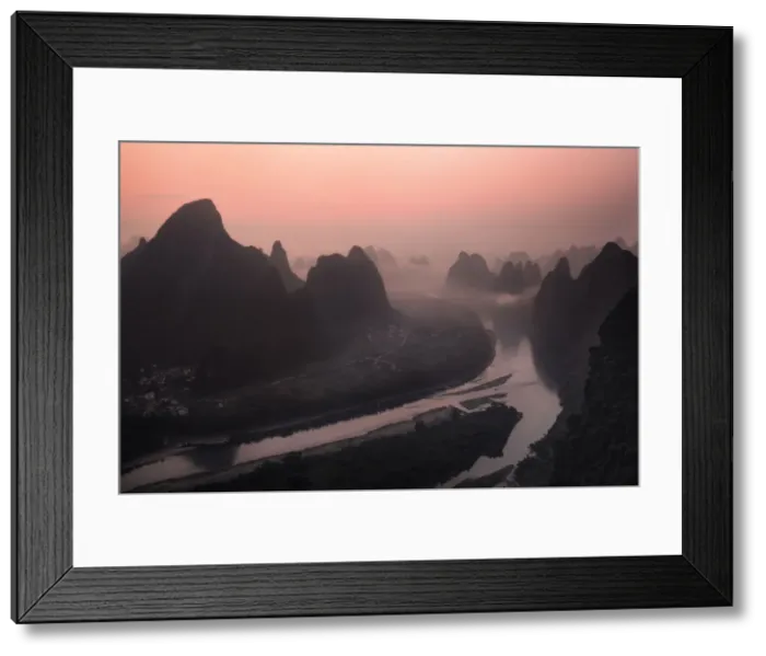 Framed Print : Pink sunrise on the Li River and the famous Yangshuo mountains, Yangshuo, Guangxi, China Framed Print : Pink sunrise on the Li River and the famous Yangshuo mountains, Yangshuo, Guangxi, China