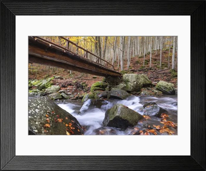 Framed Print : Long exposure waterfalls and a wooden bridge in autumn, Parco Regionale del Corno alle Framed Print : Long exposure waterfalls and a wooden bridge in autumn, Parco Regionale del Corno alle