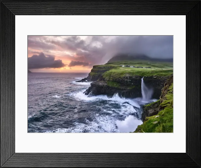 Framed Print : Sunset at the waterfall and cliffs of Gasadalur, Faroe Islands, Denmark, Europe Framed Print : Sunset at the waterfall and cliffs of Gasadalur, Faroe Islands, Denmark, Europe