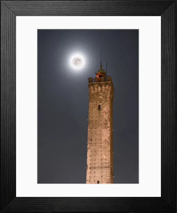 Framed Print : Full moon and Torre Asinelli, the highest tower of Bologna and symbol of the city Framed Print : Full moon and Torre Asinelli, the highest tower of Bologna and symbol of the city