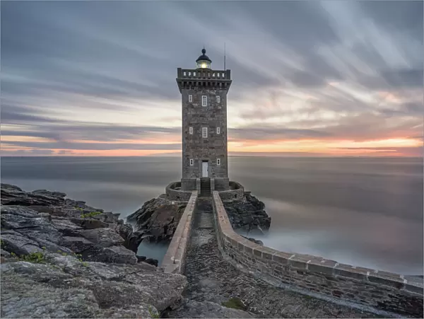 Long exposure at blue hour at Kermorvan Lighthouse, Finistere, Brittany, France, Europe