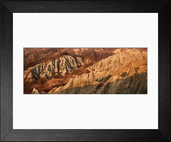 Framed Print : Panoramic view at sunset on badlands, Emilia Romagna, Italy, Europe Framed Print : Panoramic view at sunset on badlands, Emilia Romagna, Italy, Europe