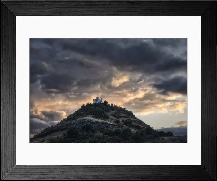 Framed Print : Cloudy sunset on a small church on the top of a hill, Thessaly, Greece, Europe Framed Print : Cloudy sunset on a small church on the top of a hill, Thessaly, Greece, Europe