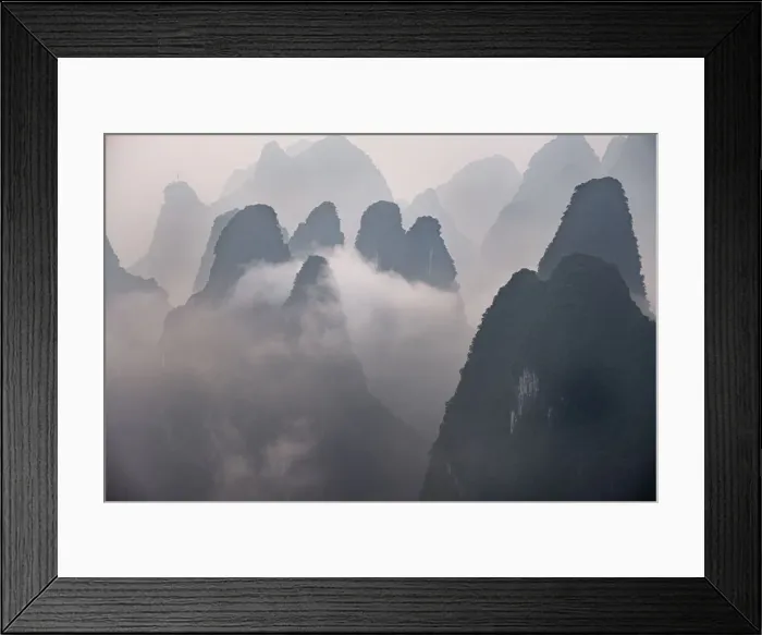 Framed Print : Misty morning with fog and low clouds on the peaks above Li River, Guangxi, China, Asia Framed Print : Misty morning with fog and low clouds on the peaks above Li River, Guangxi, China, Asia