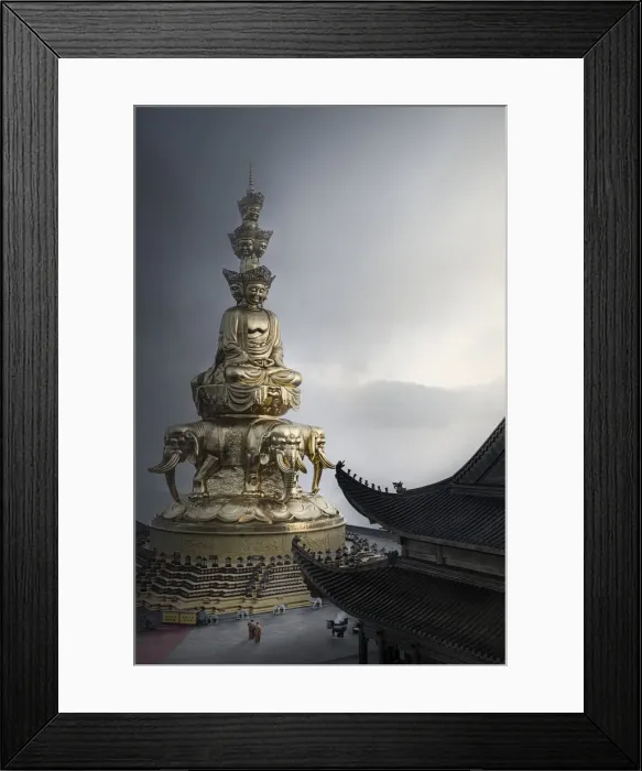 Framed Print : Golden summit Buddhist shrine gets his name from this huge golden statue of Puxian Framed Print : Golden summit Buddhist shrine gets his name from this huge golden statue of Puxian
