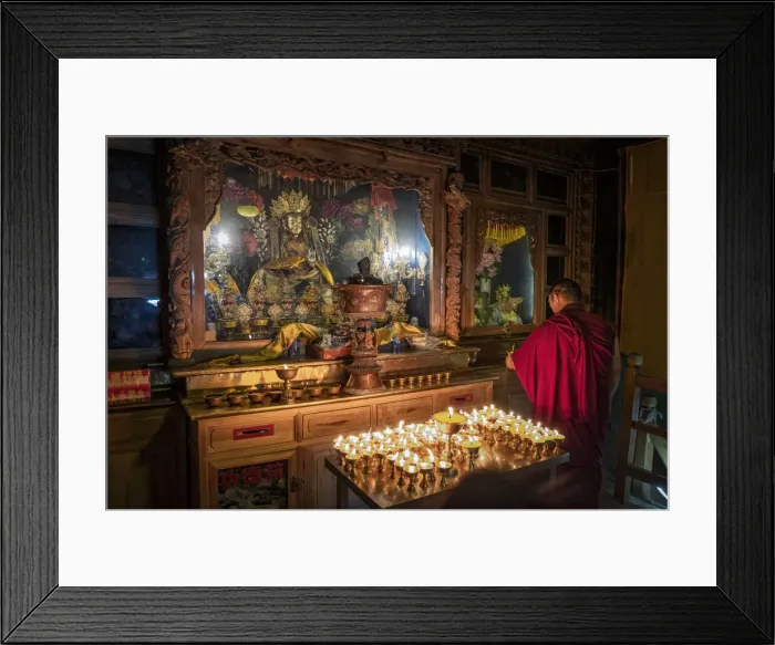 Framed Print : A Buddhist monk praying in the Bati temple, Gansu, China, Asia Framed Print : A Buddhist monk praying in the Bati temple, Gansu, China, Asia