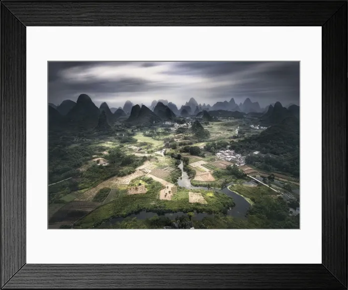 Framed Print : Long exposure of Yangshuo mountains with dark clouds, Yangshuo, Guangxi, China, Asia Framed Print : Long exposure of Yangshuo mountains with dark clouds, Yangshuo, Guangxi, China, Asia