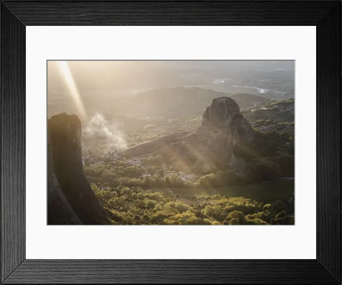 Framed Print : Sunset light and sun beams in the smoke in Meteora, Thessaly, Greece, Europe Framed Print : Sunset light and sun beams in the smoke in Meteora, Thessaly, Greece, Europe
