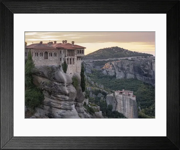 Framed Print : Varlaam and Roussanou (St. Barbara) Monasteries at sunrise, Meteora Framed Print : Varlaam and Roussanou (St. Barbara) Monasteries at sunrise, Meteora