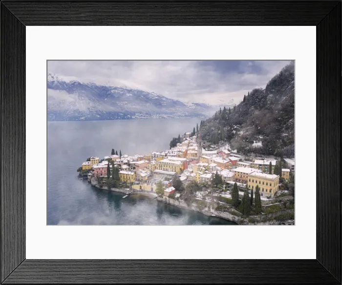 Framed Print : Traditional houses of Varenna old town after a snowfall, Lake Como, Lecco province Framed Print : Traditional houses of Varenna old town after a snowfall, Lake Como, Lecco province
