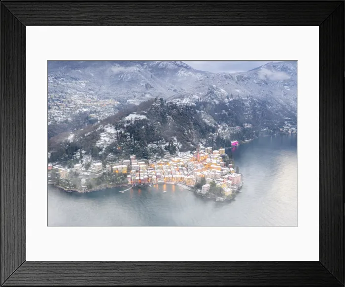 Framed Print : Romantic town of Varenna covered with snow, aerial view, Lake Como, Lecco province Framed Print : Romantic town of Varenna covered with snow, aerial view, Lake Como, Lecco province