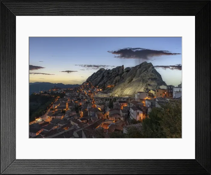 Framed Print : Old town of Pietrapertosa at dusk, Dolomiti Lucane, Potenza province, Basilicata, Italy Framed Print : Old town of Pietrapertosa at dusk, Dolomiti Lucane, Potenza province, Basilicata, Italy