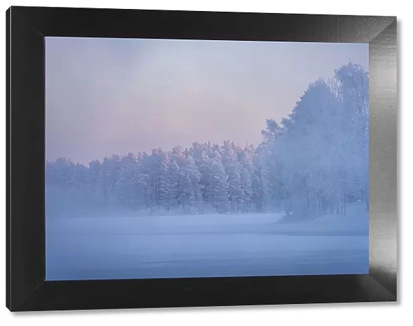 Morning mist over frozen river, River Kitkajoki, Kuusamo, Finland, Europe